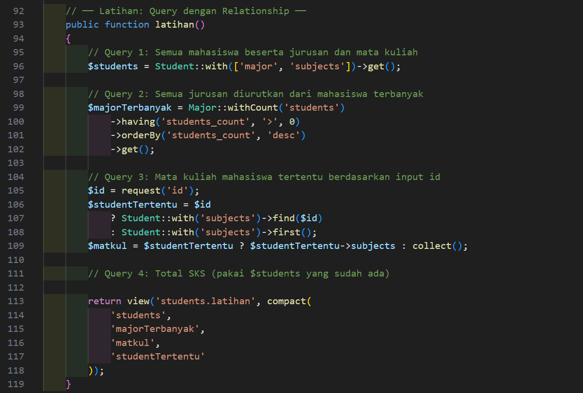 Method latihan() di StudentController